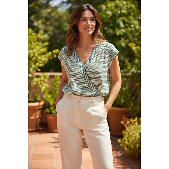 Max Studio Tops - Max Studio Womens Green White Geometric Faux Wrap V-Neck Sleeveless Blouse Top S